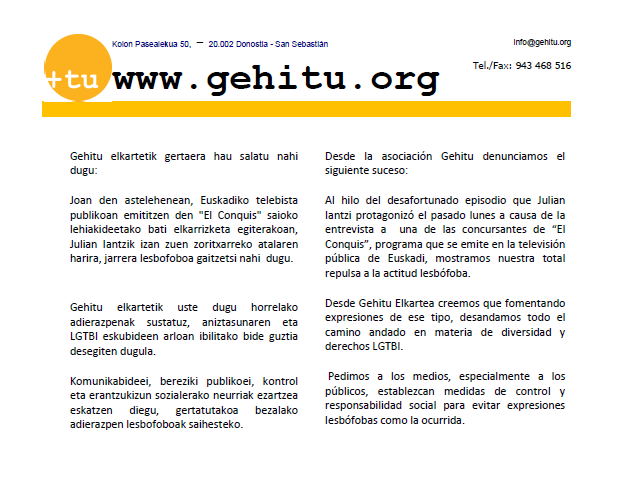 “El Conquis” -eko jarrera lesbofoboen aurrean gaitzespena